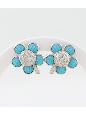 Sterling Silver Turquoise and Cubic Zirconia Flower Earrings Clip On Earrings